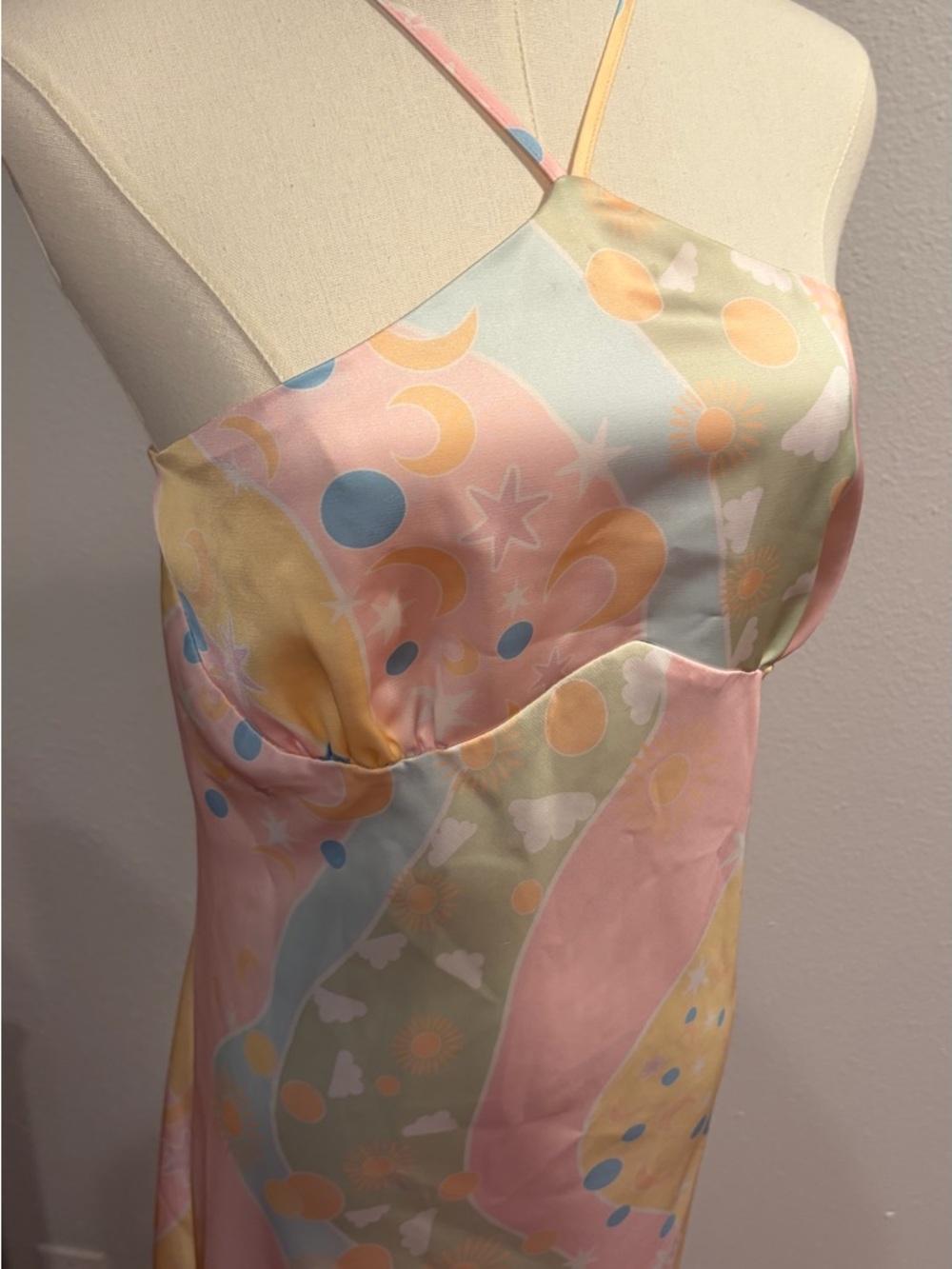 Dreamy Magic Pastel Print Maxi Dress, fairycore dress, satin dress, magical, Y2K